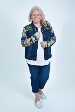 Orientique Addison Denim Jacket in Blue Abstract- Cotton Tops | Jackets