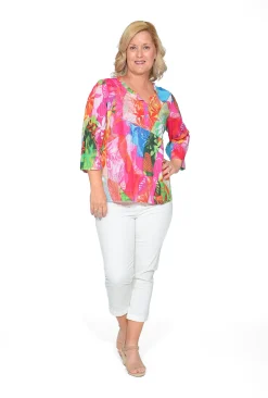 Orientique Adrianna Organic Cotton Button Blouse in Bright Pink- Cotton Tops | 3/4 Sleeve Tops