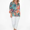 Orientique Adrianna Organic Cotton Button Blouse in Blue Multi- Cotton Tops