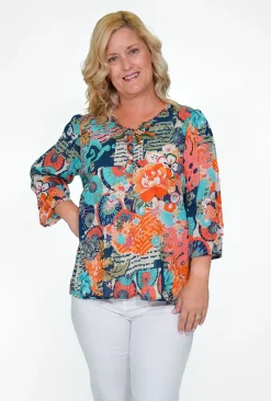 Orientique Adrianna Organic Cotton Button Blouse in Blue Multi- Cotton Tops