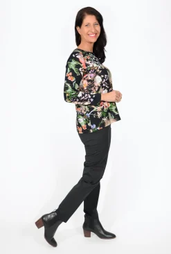 Orientique Aleah Crewneck Long Sleeve Top in Floral Black- Long Sleeved Tops