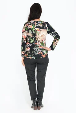 Orientique Aleah Crewneck Long Sleeve Top in Floral Black- Long Sleeved Tops