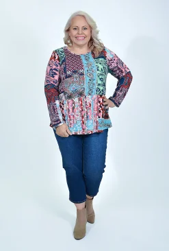 Orientique Aleah Long Sleeve Top in Burgundy Patchwork- Cotton Tops | Long Sleeved Tops