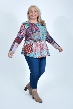 Orientique Aleah Long Sleeve Top in Burgundy Patchwork- Cotton Tops | Long Sleeved Tops