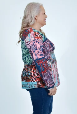 Orientique Aleah Long Sleeve Top in Burgundy Patchwork- Cotton Tops | Long Sleeved Tops