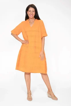 Orientique Alexia Organic Cotton Puff Sleeve Dress in Orange- Cotton Dresses | Knee Length Dresses