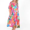 Orientique Allie Organic Cotton Collared Midi Dress in Bright Pink- Organic Cotton Clothing | Cotton Dresses