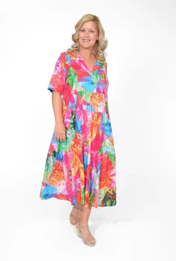 Orientique Allie Organic Cotton Collared Midi Dress in Bright Pink- Organic Cotton Clothing | Cotton Dresses