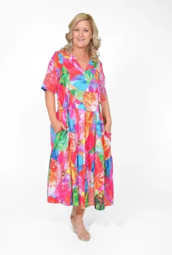 Orientique Allie Organic Cotton Collared Midi Dress in Bright Pink- Organic Cotton Clothing | Cotton Dresses