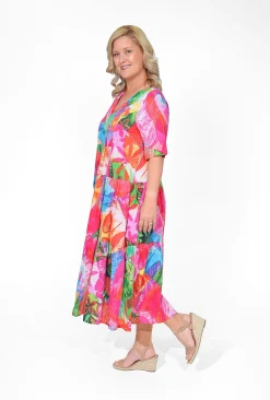 Orientique Allie Organic Cotton Collared Midi Dress in Bright Pink- Organic Cotton Clothing | Cotton Dresses