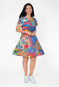 Orientique Allison Organic Cotton Short Sleeve Dress in Navy Patchwork- Short Sleeved Dresses | Cotton Dresses