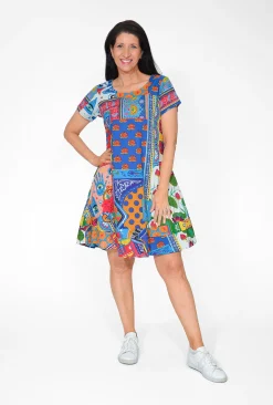 Orientique Allison Organic Cotton Short Sleeve Dress in Navy Patchwork- Short Sleeved Dresses | Cotton Dresses