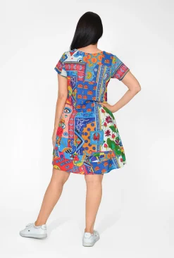 Orientique Allison Organic Cotton Short Sleeve Dress in Navy Patchwork- Short Sleeved Dresses | Cotton Dresses