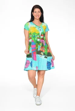 Orientique Anya Crinkle Cotton Tunic Dress in Blue Boats- Short Sleeved Dresses | Above Knee Dresses