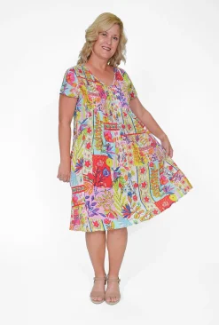 Orientique Anya Crinkle Cotton Tunic Dress in Bright Floral- Short Sleeved Dresses | Knee Length Dresses