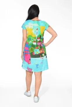 Orientique Anya Crinkle Cotton Tunic Dress in Blue Boats- Short Sleeved Dresses | Above Knee Dresses