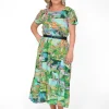 Orientique Ariana Cotton Square Neck Midi Dress in Green Holiday- Short Sleeved Dresses | Organic Cotton Clothing