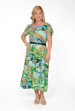 Orientique Ariana Cotton Square Neck Midi Dress in Green Holiday- Short Sleeved Dresses | Organic Cotton Clothing