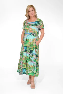 Orientique Ariana Cotton Square Neck Midi Dress in Green Holiday- Short Sleeved Dresses | Organic Cotton Clothing