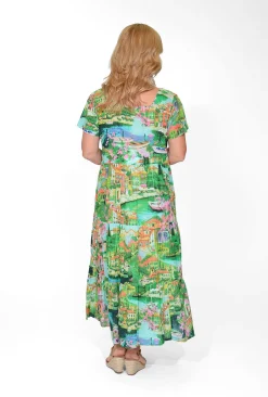 Orientique Ariana Cotton Square Neck Midi Dress in Green Holiday- Short Sleeved Dresses | Organic Cotton Clothing