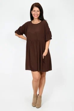 Sass Beverley Bubble Sleeve Dress in Chocolate Brown- Long Sleeved Dresses | Above Knee Dresses