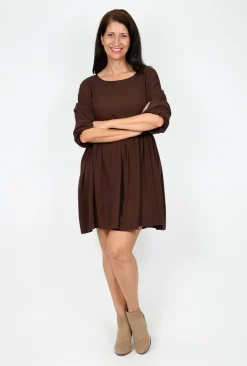 Sass Beverley Bubble Sleeve Dress in Chocolate Brown- Long Sleeved Dresses | Above Knee Dresses