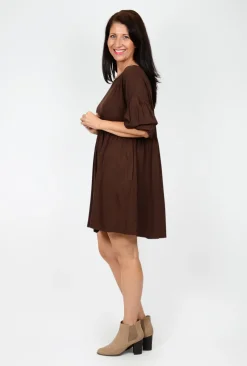 Sass Beverley Bubble Sleeve Dress in Chocolate Brown- Long Sleeved Dresses | Above Knee Dresses