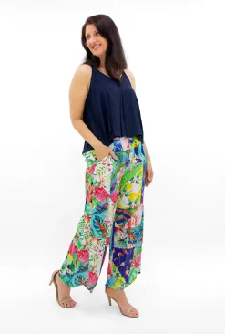 Escape Birdie Rayon Long Wide Leg Pants in Blue Tropics-Women Womens Pants