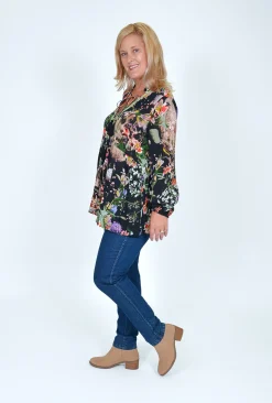 Orientique Brie Long Sleeve V-Neck Blouse in Floral Black- Long Sleeved Tops