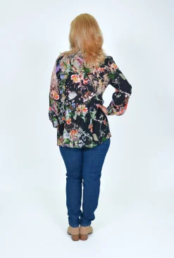 Orientique Brie Long Sleeve V-Neck Blouse in Floral Black- Long Sleeved Tops