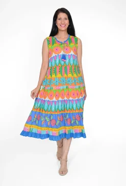 Orientique Brodie Organic Cotton Sleeveless Dress in Multicolour- Cotton Dresses | Sleeveless Dresses