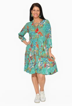 Orientique Cadence Rayon 3/4 Sleeve Dress in Teal Multi- Knee Length Dresses | Sleeved Dress