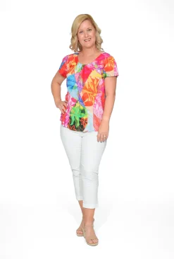 Orientique Carla Rayon Cap Sleeve Top in Bright Pink- Short Sleeve Tops | Sleeved Dress