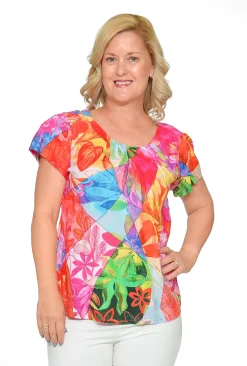 Orientique Carla Rayon Cap Sleeve Top in Bright Pink- Short Sleeve Tops | Sleeved Dress