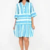One Summer Carlie 3/4 Sleeve Tiered Dress in Cornflower Stripe- Knee Length Dresses