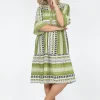 One Summer Carlie 3/4 Sleeve Tiered Dress in Olive Green- Knee Length Dresses | Sleeved Dress