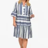 One Summer Carlie 3/4 Sleeve Tiered Dress in Navy Stripe- Long Sleeved Dresses | Above Knee Dresses