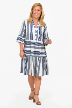 One Summer Carlie 3/4 Sleeve Tiered Dress in Navy Stripe- Long Sleeved Dresses | Above Knee Dresses