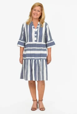 One Summer Carlie 3/4 Sleeve Tiered Dress in Navy Stripe- Long Sleeved Dresses | Above Knee Dresses