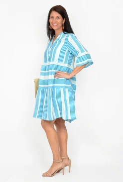 One Summer Carlie 3/4 Sleeve Tiered Dress in Cornflower Stripe- Knee Length Dresses
