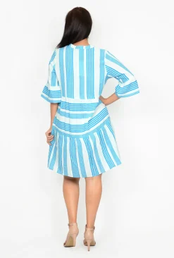 One Summer Carlie 3/4 Sleeve Tiered Dress in Cornflower Stripe- Knee Length Dresses