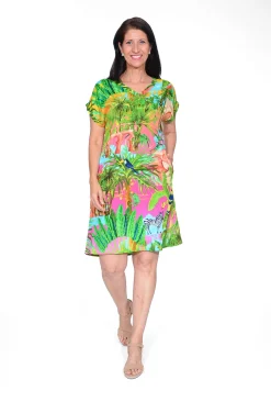 Escape Catalina Rayon Short Sleeve Shift Dress in Green Tropics- Short Sleeved Dresses | Above Knee Dresses