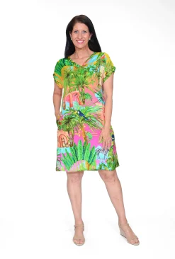 Escape Catalina Rayon Short Sleeve Shift Dress in Green Tropics- Short Sleeved Dresses | Above Knee Dresses