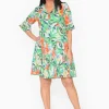Escape Cecilia Rayon 3/4 Frill Sleeve Dress in Floral Green- Knee Length Dresses | Sleeved Dress