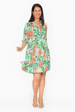 Escape Cecilia Rayon 3/4 Frill Sleeve Dress in Floral Green- Knee Length Dresses | Sleeved Dress