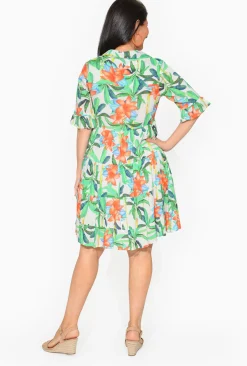 Escape Cecilia Rayon 3/4 Frill Sleeve Dress in Floral Green- Knee Length Dresses | Sleeved Dress