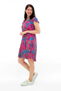 One Summer Chloe Crepe Rayon Swing Dress in Hot Pink Multi- Short Sleeved Dresses | Knee Length Dresses