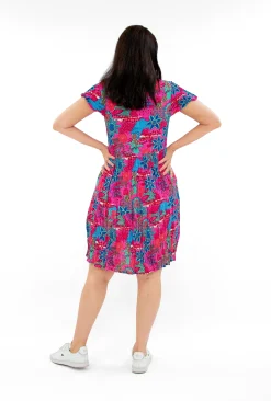 One Summer Chloe Crepe Rayon Swing Dress in Hot Pink Multi- Short Sleeved Dresses | Knee Length Dresses