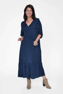 Cotton Village Cindy Elbow Sleeve Maxi Dress in Navy- Maxi Dresses | Long Dresses
