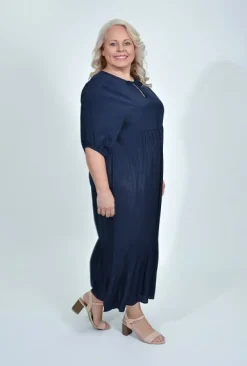 Cotton Village Cindy Elbow Sleeve Maxi Dress in Navy- Maxi Dresses | Long Dresses